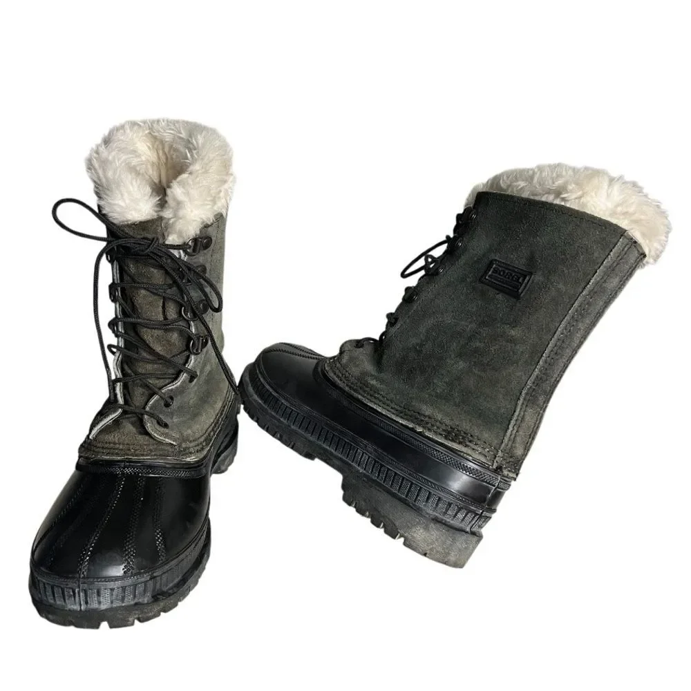 SOREL Black Green Winter Boots CARIBOU Rubber Nubuck Waterproof Mens Size 7